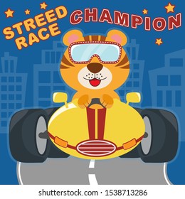 Little tiger boy driving yellow car.  Modern  flat design poster for prints, kids cards, t-shirts and other. Vector illustration.