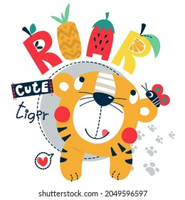 Little tiger cartoon like fruits isolated on white background illustration vector, T-Shirt design for kids.