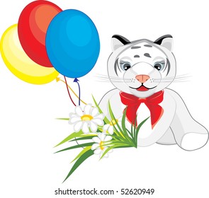 Little tiger with chamomiles and colorful balloons. Vector