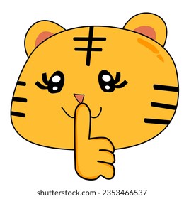 little tiger character holding hand near mouth silence. Shhh symbol