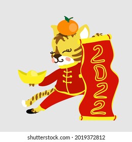 Der Little Tiger mit chinesischer Schriftrolle 2022 und mit Gold und Orange. Chinesisches Neujahr. Gong Xi Fa Cai. Das Jahr des Tigers. Vektorgrafik für roten Umschlag, Karte