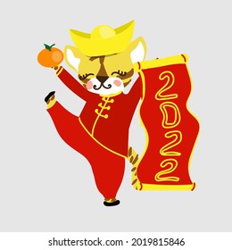 Der Little Tiger mit chinesischer Schriftrolle 2022 und mit Gold und Orange. Chinesisches Neujahr. Gong Xi Fa Cai. Das Jahr des Tigers. Vektorgrafik für roten Umschlag, Karte