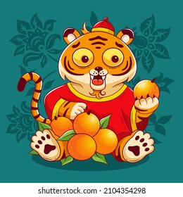 Little tiger in chinese traditional costume sit with bunch of tangerines and hold mandarine in hand. Vector cartoon character. Chinese New Year. Green background with asian floral pattern.