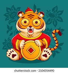 Little tiger in chinese traditional costume hold gold chinese feng shui coin, cash. Vector cartoon character. Chinese New Year. Illustration for festival. Green background with asian floral pattern