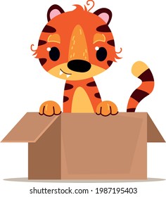 Little tiger cub in a box drawn by children, year of the zodiac animal, vector cartoon illustration on a white background clipart. Cartoon character fun