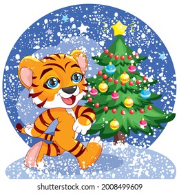 little tiger cub and christmas tree, gifts, new year