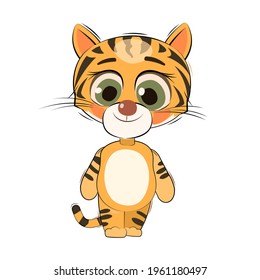 Little tiger cub. Isolated object on white background. Cheerful kind animal child. Cartoons flat style. Funny. Vector