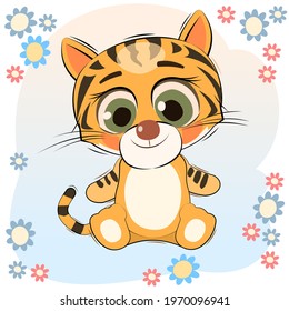 Little tiger cub. Isolated object on white background. Cheerful kind animal child. Cartoons flat style. Funny. Vector