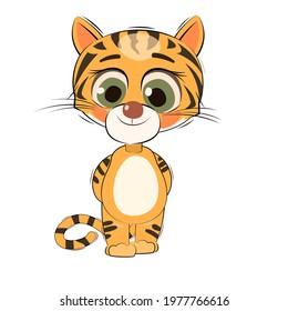 Little tiger cub. Isolated object on white background. Cheerful kind animal child. Cartoons flat style. Funny. Vector