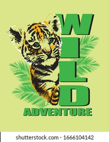 Little Tiger Cub Peeks Out Of The Word Print For Kids T Shirt Vector Illustration