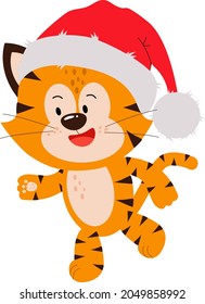 A little tiger cub runs in a red hat. Cute cartoon tigers with the Chinese couplet of 2022, isolated on a white background. A design element of the Chinese New Year.