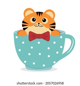 little tiger cub sitting in a cup, color isolated vector illustration in cartoon style