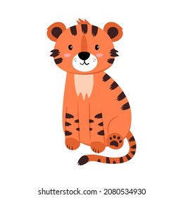 Little tiger cub, vector illustration on an isolated background. Cartoon tiger, orange with stripes. The tiger is sitting. Cat family. The image is drawn in flat style. Image of animals for children.