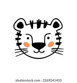 Little Tiger in doodle style. Cute scandinavian print with little Tiger. Cute hand drawn tiger. Vector illustration - cartoon tiger. Child drawing