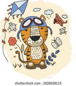 Little tiger dreams of becoming a pilot. Children's print for fabric, T-shirt, poster, postcard, baby shower. Hand drawn cute print.