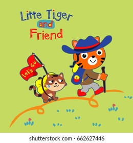 little tiger and friend. cute vector cartoon illustration