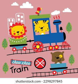 un pequeño tigre y amigos en el tren divertido dibujo animado de animales