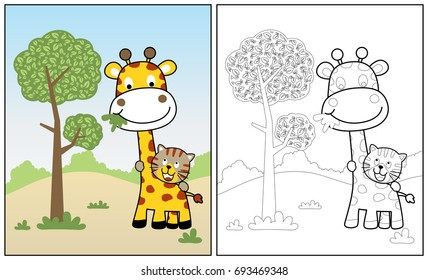 little tiger with giraffe in forest, vector cartoon illustration, coloring page or book