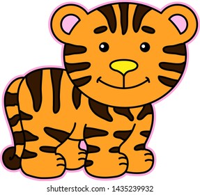 The little tiger has a yellow nose and a striped tail