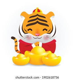 Little tiger with holding chinese gold Ingots and Happy Chinese New Year 2022 year of the tiger zodiac of Animal lucks Cartoon vector illustration isolated on a white background.