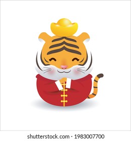 Little tiger with holding chinese gold Ingots and Happy Chinese New Year 2022 year of the tiger zodiac of Animal lucks Cartoon vector illustration isolated on a white background.