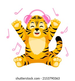 Little Tiger listening music with headphone isolated. Character cartoon striped tiger dancing. Vector design for print, children decor, book illustration. Funny animals sticker for showing emotion.