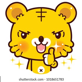 Little Tiger making thumbs up gesture. Sign language hand. Good job. Kawaii cartoon style