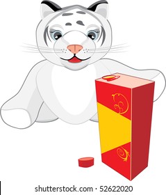 Little tiger with the package of juice. Vector