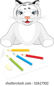 Little tiger with pencils. Vector