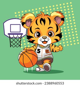 a little tiger playing basketball funny cartoon