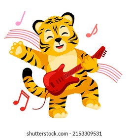 Little Tiger playing on electric guitar isolated. Cute character cartoon striped tiger musican. Vector design for print, children decor, book illustration. Funny animals sticker for showing emotion.