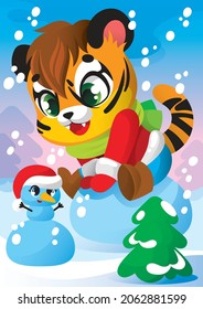 little tiger sits on a snow globe. tiger in a fur coat, scarf and felt boots. there is a snowman nearby. new year childrens illustration