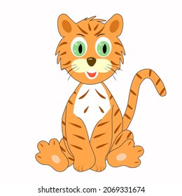 The little tiger is the symbol of 2022. A red striped tiger cub with green eyes. Vector isolated on a white background
