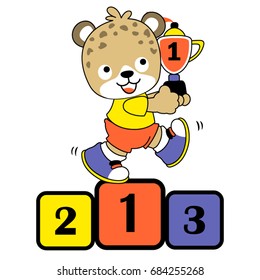 little tiger with a trophy on a podium, vector cartoon illustration