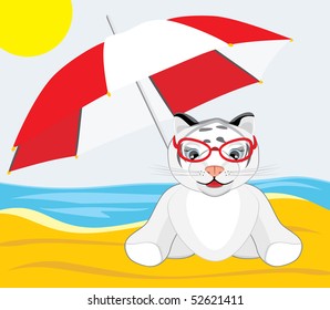 Little tiger with umbrella on the beach. Vector
