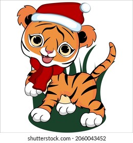 The little tiger walks and smiles. The baby tiger is wearing a New Year's costume. The winter tiger is eating. New Year's tiger in a hat and scarf. Vector illustration