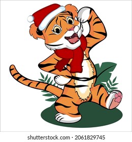 The little tiger walks and smiles. The baby tiger is wearing a New Year's costume. New Year's tiger in a hat and scarf. Vector illustration