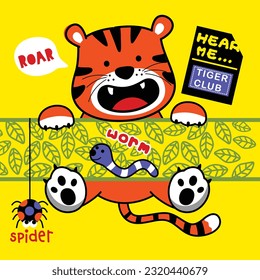 a little tiger with worm and spider funny cartoon