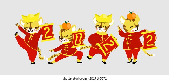 Die Kleinen Tiger mit chinesischem Scroll 2022 und mit Gold und Orange. Chinesisches Neujahr. Gong Xi Fa Cai. Das Jahr des Tigers. Vektorgrafik für roten Umschlag, Karte