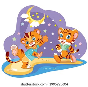 little tigers walk at night, night. sea. Karate player, moon, stars. Illustration for children.