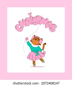 Little tigress ballerina illustration with Christmas balloon.
You can use it wherever you need a vector image. For example for printing, for design, crafts, fabric, cards, wallpaper and more.