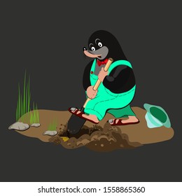 A little tired cartoon mole in a bright salad suit with a red bow-tie digs a hole with a shovel at night and finds a treasure chest. Vector fairy-tale illustration for children, print on baby clothes