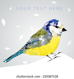 Little titmouse sitting on branch in low poly design style. Low-poly colorful style. Winter background.