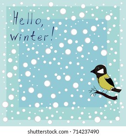Little titmouse sitting on branch. Flat design. Vector illustration. Winter banner, poster, invitation card, wallpaper in flat design style.