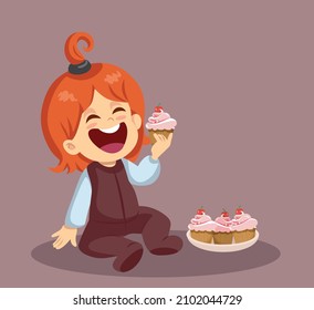 
Little Toddler Eating Sweet Cupcakes Vector Cartoon Illustration. Baby girl eating muffins craving for sugary treats having a sweet tooth
