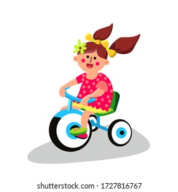 Little Toddler Girl Riding Tricycle Bike Vector. Character Happy Smiling Small Child With Flower In Brunette Hair And Pigtails Ride Tricycle Childhood Transport. Flat Cartoon Illustration