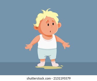 

Little Toddler Having a Pee Accident Vector Cartoon Illustration. Potty trained child experiencing training regression and setbacks 
