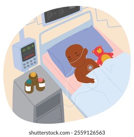 Little toddler kid cartoon character receiving chemo therapy treatment from cancer connected to life support machine lying in hospital ward scene. Children oncology disease vector illustration