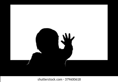 Little toddler touching blank television screen with his hand. Easy editable layered vector illustration. 