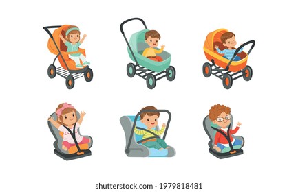 Little Toddlers Sitting in Baby Carriage or Pram Vector Set